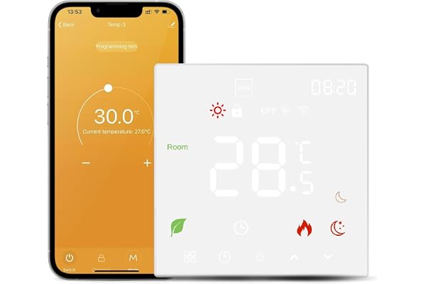 DEWIN WiFi-termostat för Elektrisk Golvvärme 16A 230V | Programmerbar miljötermostat kompatibel med Alexa Google Home röststyrning + app fjärrkontroll, 2,4 GHz WiFi, 3 m sensorkabel