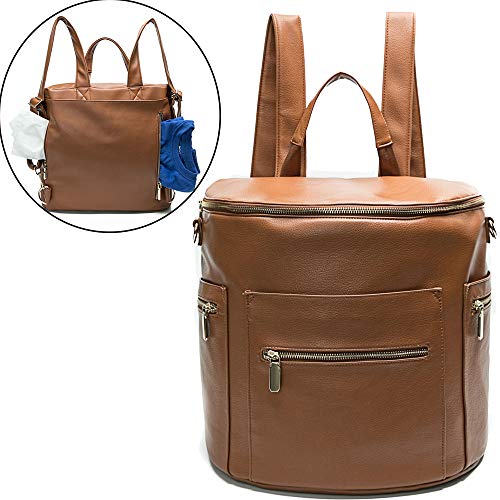 Wickelrucksack von Miss Fong, Wickeltasche Rucksack, Lässig Wickeltasche Baby Wickelrucksack, Lederrucksack Damen Mit Wasserdicht Wickelunterlage,Kinderwagen Haken (Braun Neues Cabrio)