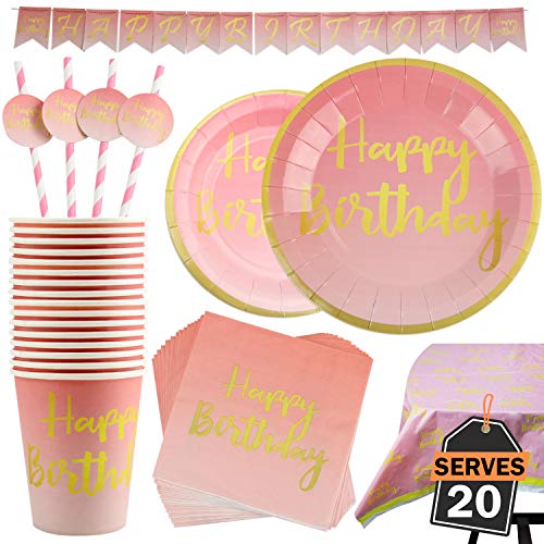 Lot de 102 Pièces de Décoration Happy Birthday Joyeux Anniversaire, Thème Rose et Or, Comprenant Bannière, Assiettes, Tasses, Pailles, Serviettes de Table et Nappe, pour 20 Personnes