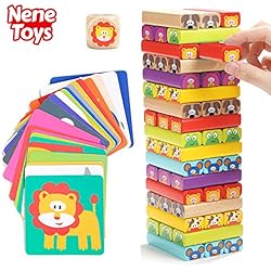 Nene Toys - Tour de Blocs Empilables en Bois avec Couleurs et Animaux - Jeu d'adresse et d'équilibre 4 en 1 pour Filles et Garçons de 3 à 9 ans - Cadeau à Partager entre Parents et Enfants - 76 pièces