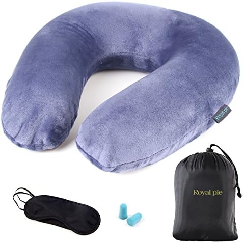 RoyalPie Travel Pillow - Memory Foam, Neck &amp; Chin Support - Soft Velour Cover - Airplane Neck Pillow with EarPlugs, Eye Mask, and Drawstring Bag (Navy Blue)