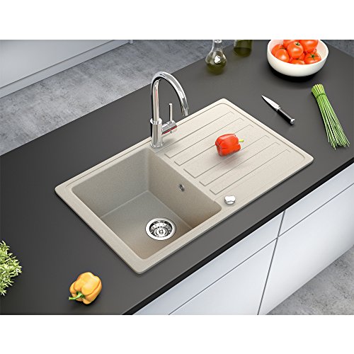 Spüle Granitspüle Küchenspüle Einbauspüle Auflage 760 x 460 mm + Drehexcenter + Siphon Spülbecken reversibel (Beige) - 5