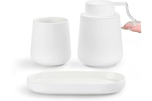 UMLACA White Bathroom Accessory Set - 3 pcs Ceramic Bathroom Soap Dispenser Set Farmhouse Bathroom Decor Sets Accessories, Soap Dispenser and Toothbrush Holder, Tray (White Set - Liquid Pump)