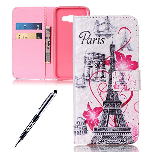 Galaxy A5 2017 Hülle,Samsung Galaxy A5 2017 Handyhülle Brieftasche,Retro Paris Turm Blumen Muster Leder Schutzhülle Case Etui im Bookstyle Weiche Inner Magnetverschluss Protektiv Flip Hülle Tasche Wallet Telefon-Kasten Case Cover mit[Ständerfunktion] und [Kartenfächer]für Samsung Galaxy A5 2017+1xSchwarz Glitzer Bling Eingabestift-Paris Turm Blumen