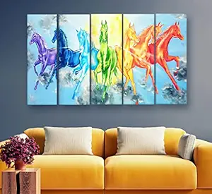 Artdira 7 Horses Vastu Prosperity Multiple Frames Wall Painting For Living Spaces, Bedroom, Hotels & Office With Sparkle Touch 7mm Hard Wooden Board (50*30 inches) AD_MFC_67