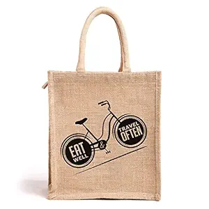 H&B Jute Bag - Jute Lunch Bag | Jute Bag for Lunch | Tote Bag | Tiffin Bag | Jute Lunch Bag for Office | Jute Bag for Tiffin | Jute Bags with Zip | Totes (Print: Eat Well Travel, Size: 11x10x6 in)