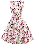 kleid floral weiß Handwäsche empfehlen FAIRY COUPLE 50s Retro Blumen Cocktail Schwingen Party Kleid mit Bogen DRT017(L,Rosa Gelb Floral)