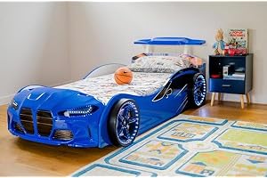 STRATUS INTERIORS Bmw Car Bed for Boys Racing Car Bed with Matress , Led Lights, Single Toddler Bed,Kids Bed Frame with Remote Control Lights & Sounds for Kids, Boys & Girls -,Leather Cushioning (Blue)