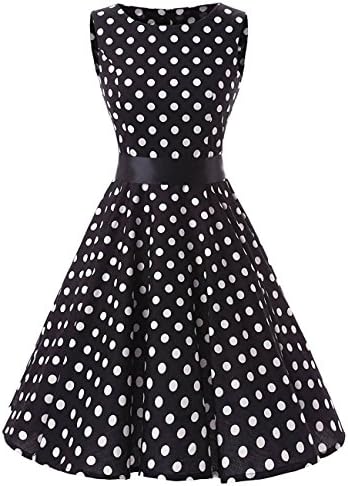 VKStar® Women's BoatNeck 1950s Polka Dot Sleeveless Vintage Cap-sleeve Tea Party Dress with Belt Black M