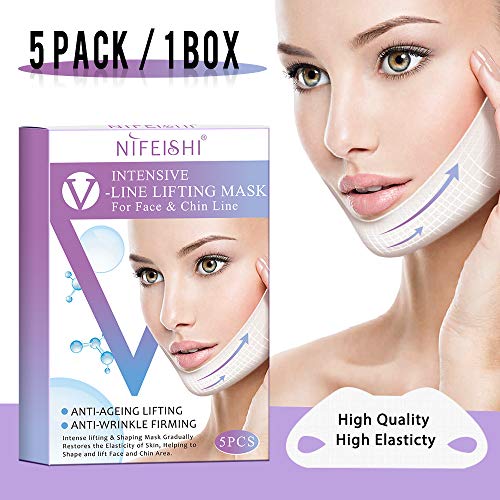 5 piezas V Line Mask Chin Up Patch Mascarilla reductora de Doble Mentón, V-Line Lifting Facial Reafirmante Hidratante Banda Coreana Adelgazante Máscaras Faciales