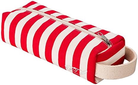 JFT Red &amp; White Stripe Canvas Cylindrical Pencil Case- Premium Quality Zippered Pencil Pouch To Be Used As A Pencil Holder Or Travel Makeup Bag- Modern Design, Washable Fabric, Amazing Gift