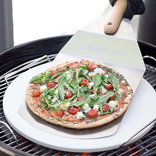 Rustler Pizzastein mit Gestell – rund – 38cm + Pizzaschieber (Edelstahl/Holz) - 5