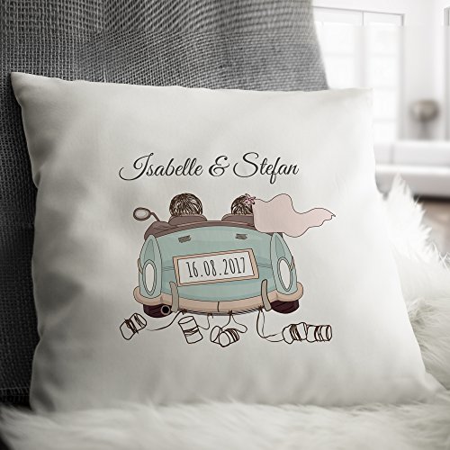 Personello® Kissen als Geldgeschenk zur Hochzeit (Geldscheine an Hochzeitsauto befestigen), mit Text (Namen und Datum) personalisierbar, Hochzeitskissen (40×40) inklusive Füllung - 2