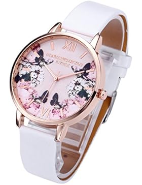 JSDDE Uhren,Modische Schmetterling Blumen Armbanduhr Basel-Stil Damen Uhr PU Lederband Rosegold Analog Quarzuhr...