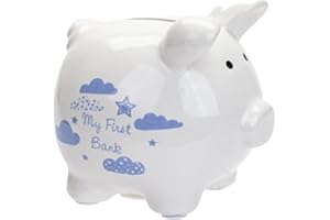 WIDDLE GIFTS LTD My First Bank Piggy Money Box White with Stars / Clouds - Blue 1364
