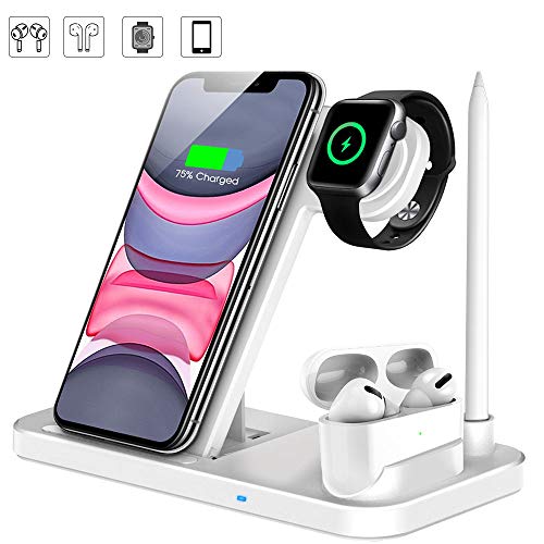 Kabelloses Ladegerät , 4 in 1 Induktive ladestation mit Stift Ladestation Ständer fast Wireless Charger für iWatch 5/4/3/2/1, Airpods, iPhone 11/Pro Max/XS/XR/X/8,Galaxy S10/S9 und mehr (Weiß)