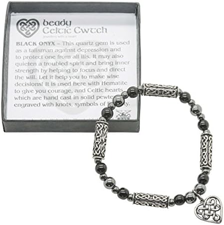 Stretchy Celtic beaded bracelet with Cwtch heart charm and Black Onyx gembeads