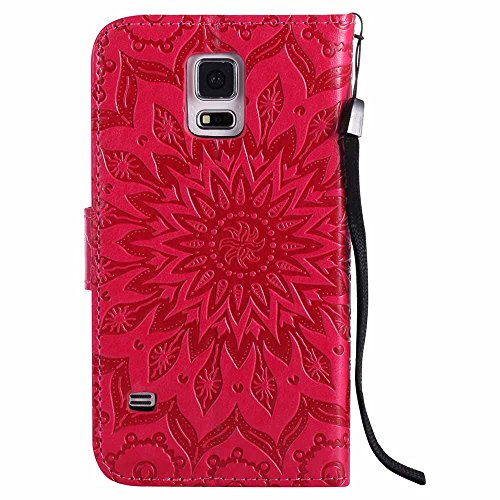 Galaxy S5 Hülle, Galaxy S5 Neo Hülle, Dfly Premium Slim PU Leder Mandala Blume prägung Muster Flip Hülle Bookstyle Stand Slot Schutzhülle Tasche Wallet Case für Samsung Galaxy S5 / S5 Neo, Rot - 3