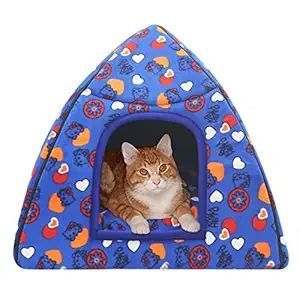 Mellifluous Velvet Fabric Pet Tent House - Removable Cushion, Portable, Washable for Kittens and Cats Hut (Large, Blue Cartoon Print)