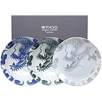 TOKYO design studio Dragon Series, 3 Platos Juego 25,3 cm, Japón, Redondo, en Decorativa Caja de Regalo. Plato Llano Porcelana Set.