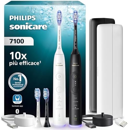 Spazzolino elettrico Philips Sonicare serie 7100 - Next Gen, sensore di pressione, 12 impostazioni di spazzolamento, autonomia di 21 giorni, custodia con ricarica, bianco e nero, duo pack, HX7429/04