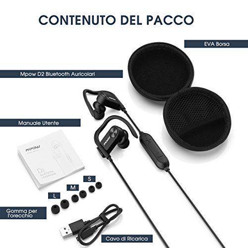 Auricolari Bluetooth 4.1 Mpow D2, Auricolari Sportivi Bluetooth Rivestimento Nano Impermeabile IPX7 con Microfono e Custodia da Trasporto per iPhone 7, 7 Plus, 6s, 6s Plus, 6, 6 Plus, Samsung, Huawei, Sony ed Altri Smartphone