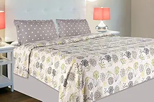 haus & kinder Tropical Floral Bloom 100% Cotton Double Bedsheet with 2 Pillow Covers 186 TC (Green & Grey)