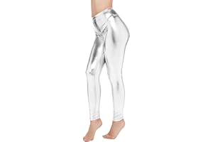 GENERIC Metallic Damen Leggins, Leggings Silber Metallic Damen Silberne Metallic Leggings Glänzende Hose 80er mit Hoher Taille Shiny Leggings Metallischer Hosen Silber Goldene Leggins Party Karneval Kostüm