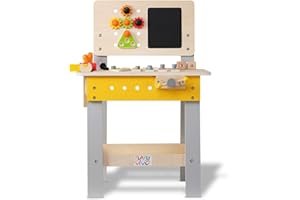 Baby Vivo Banco Carpintero de Madera para Niños - Banco de Herramientas Juego de rol - Altura Ajustable Pizarra para Pintar Juego de Construcción Creativo Banco Carpintero de 39 Piezas - Bob