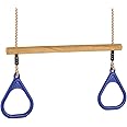 Rebo® Children’s Gymnastic Trapeze Bar with Gym Rings - Blue | OutdoorToys | Wooden and Plastic Replacement Trapeze Set for Kids Swing Sets and Climbing Frames