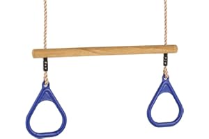 Rebo® Children’s Gymnastic Trapeze Bar with Gym Rings - Blue | OutdoorToys | Wooden and Plastic Replacement Trapeze Set for Kids Swing Sets and Climbing Frames