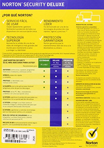 Norton Security Deluxe Antivirus Software 2018 Protecci n antivirus para 5 dispositivos Licencia de 1 a o PC Mac iOS Android Descarga Norton Security Deluxe Antivirus Software 2018 Protecci n antivirus para 5 dispositivos Licencia de 1 a o PC Mac iOS Android Descarga