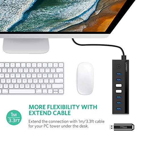 UGREEN 7 Ports USB 3.0 Hub mit 5V 2A Netzteil, USB 3.0 Kabel, Schalter und LED-Anzeigen für PC, MAC, Notebook, Ultrabook, Tablet und andere USB Geräte, Schwarz - 4