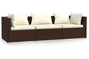 Deufre Sofás Exterior Sofá Jardín Exterior de 3 Plazas Muebles de Jardín Ratán Muebles para Terraza o Balcón Sofá de Ratán con Cojines, Marrón y Crema
