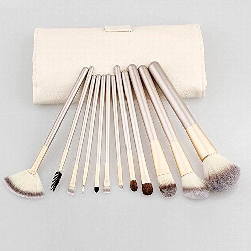 Anne Make-up Pinselset, professionelles Make-up-Set, Holzgriff, Grundierungs-/Effilier-/Rouge-/Concealer-/Augen-/Gesichts-/Flüssigpuder-/Kosemtik-/Lippenpinsel, 12-teilig, cremefarbene Tasche - 4