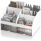 Desk Organiser with Drawer 8 Grids Multifunctional Plastic Desk Organiser Tidy White Desk Storage Box Large Capacity Desk Accessories