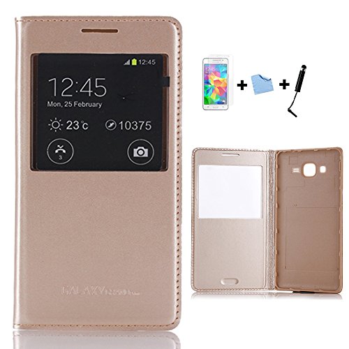 e-max 4 in 1 Schutzhülle Flip Cover mit rundem Sichtfenster für Samsung Galaxy Grand Prime SM-G530FZ, inklusive Displayschutzfolie und Eingabestift, Weiß