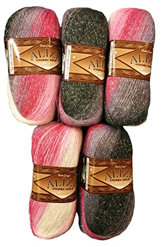 5 x 100 g Alize Glitzerwolle Farbverlauf bordeaux rosa grau weiß Nr. 1602 zum Stricken und Häkeln, 500 Gramm Metallic - Wolle mit Mohair
