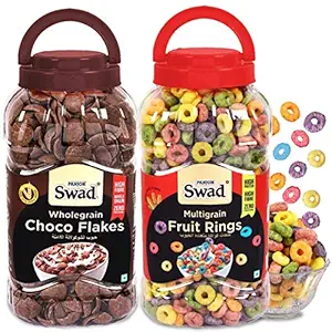 Swad Fruit Rings & Choco Flakes, Combo of 2 Jars (Multigrain Snacks for Kids, Zero Cholesterol Cereals) Jar, 630 g