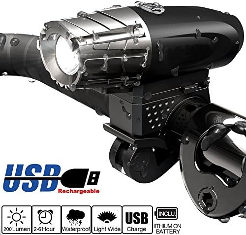 Bicycle Headlight - Super Bright USB Rechargeable Bike Front Light 200LM LED Water Resistant - Easy to Install &amp; Remove for MTB &amp; Road Bike
