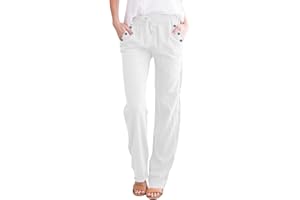 GENERICO Pantaloni Donna Cotone e Lino Estivi Casual Pantaloni Leggeri Larghi Comodi Pantaloni Gamba Dritta Spiaggia Svago Pantaloni con Tasca Elastici in Vita Morbidi Pantaloni