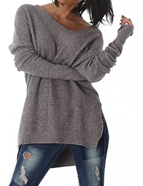 Voyelles Damen Strickpullover mit V Ausschnitt, auch als Oversize Pulli tragbar, seitliche auslaufende Schlitze...