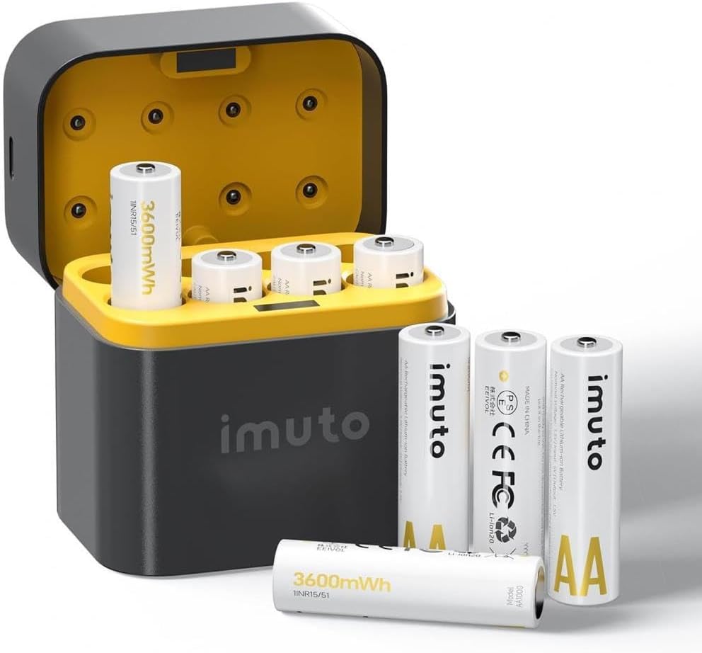 Imuto 3600 mWh AA Lityum Şarjlı Pil Seti (8’li) + 8 Yuvalı Şarj Ünitesi