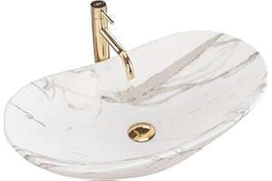 GTM Design Keramik Waschbecken - Aufsatzwaschbecken fürs Badezimmer - Waschbecken Oval - Design Waschbecken im modernen Stil - Weißer Marmor Matt - 62x36x16 cm