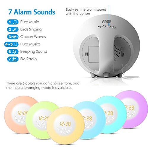 Amir Wake-Up Light, Wecker Lichtwecker, Lichtwecker, Wecker Licht, Aufwachen mit Licht, Sonnenaufgang Simulation Wake-up Light (Sonnenaufgangfunktion, 6 Natürlichen Wecktöne , Touchdisplay, 10-Helligkeit, Digitales FM Radio ) - 3