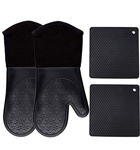 Presine e Guanti da Forno (Set di 4) 2 guanti da forno isolati in silicone e 2 sottopentola in silicone Resistente al Calore, con Impugnatura Antiscivolo, Presine e Guanti da Forno - Rosso Nero