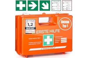 ‎WERKSTEIN Erste Hilfe Kasten ÖNORM Z1020 Typ1 - Verbandskasten inkl. praktischer Wandhalterung, 5x Aufkleber, Gesichtsmasken, Feuchttücher & Plombe - Erste Hilfe Koffer für Betriebe, Einrichtungen & Zuhause