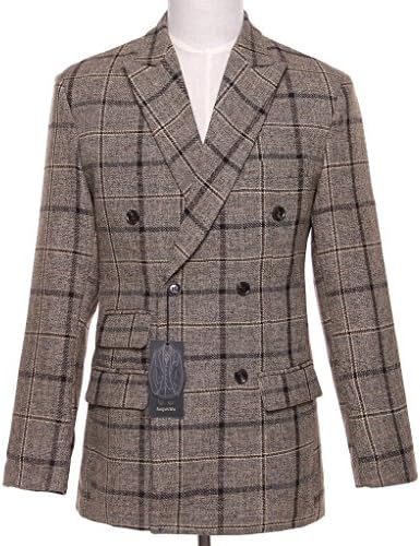 AugusWu Mens Double Breasted 3 Picec Business Suit Pants Sets Brown Plaid XXXXL