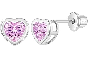 In Season Jewelry Plata Fina 925 Pendientes con Cierre de Rosca en Forma de Corazón con Circonita de Bisel de 6mm para Niñas, Niñas Pequeñas y preadolescentes