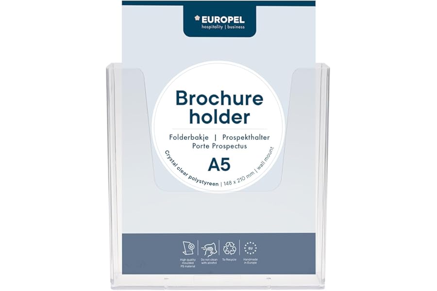 Europel Wall Mounted Brochure Holder | For A5 Size | Crystal Clear Acrylic Literature Stand & Dispenser | Booklet, Flyer & Menu Display & Dispenser for Office, Restaurants & Reception | Portrait